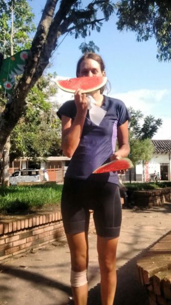 A head sized slice of watermelon